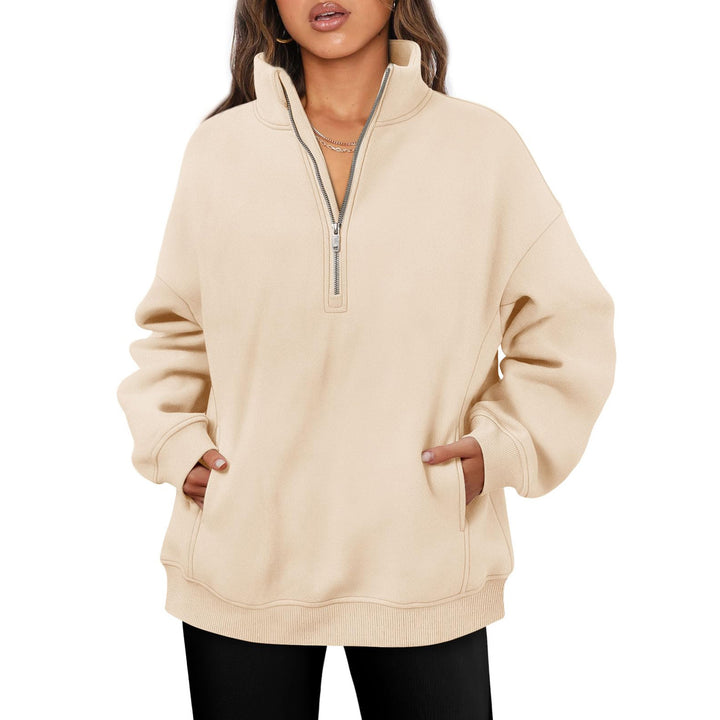 Damen nan oversized Halbzip-Pullover mit Stehkragen, Kängurutasche und Rippbündchen Echo Archiv