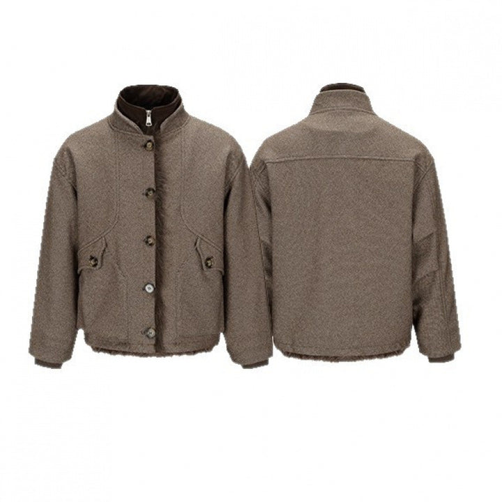 Damen Kurze Boxy-Jacke mit Teddyfutter, Stehkragen und Pattentaschen Echo Archiv