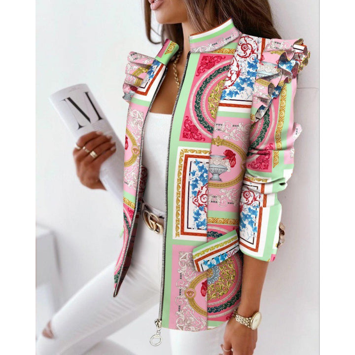 Damen Leoprint-Statement-Jacke mit Rüschen-Schulter und Reißverschluss Echo Archiv