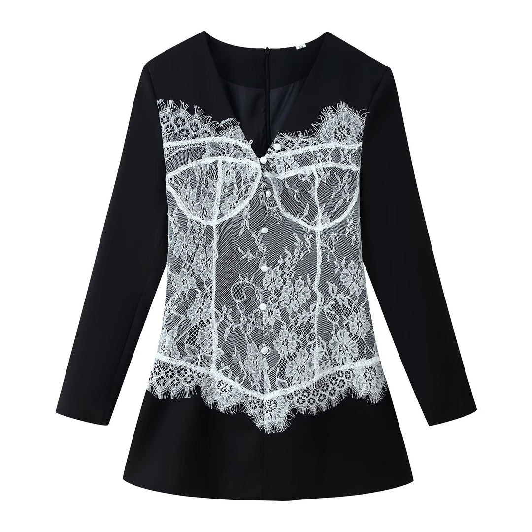 Damen Elegante Bluse mit Spitzen‑Corset‑Applikation und V‑Ausschnitt Echoarchiv