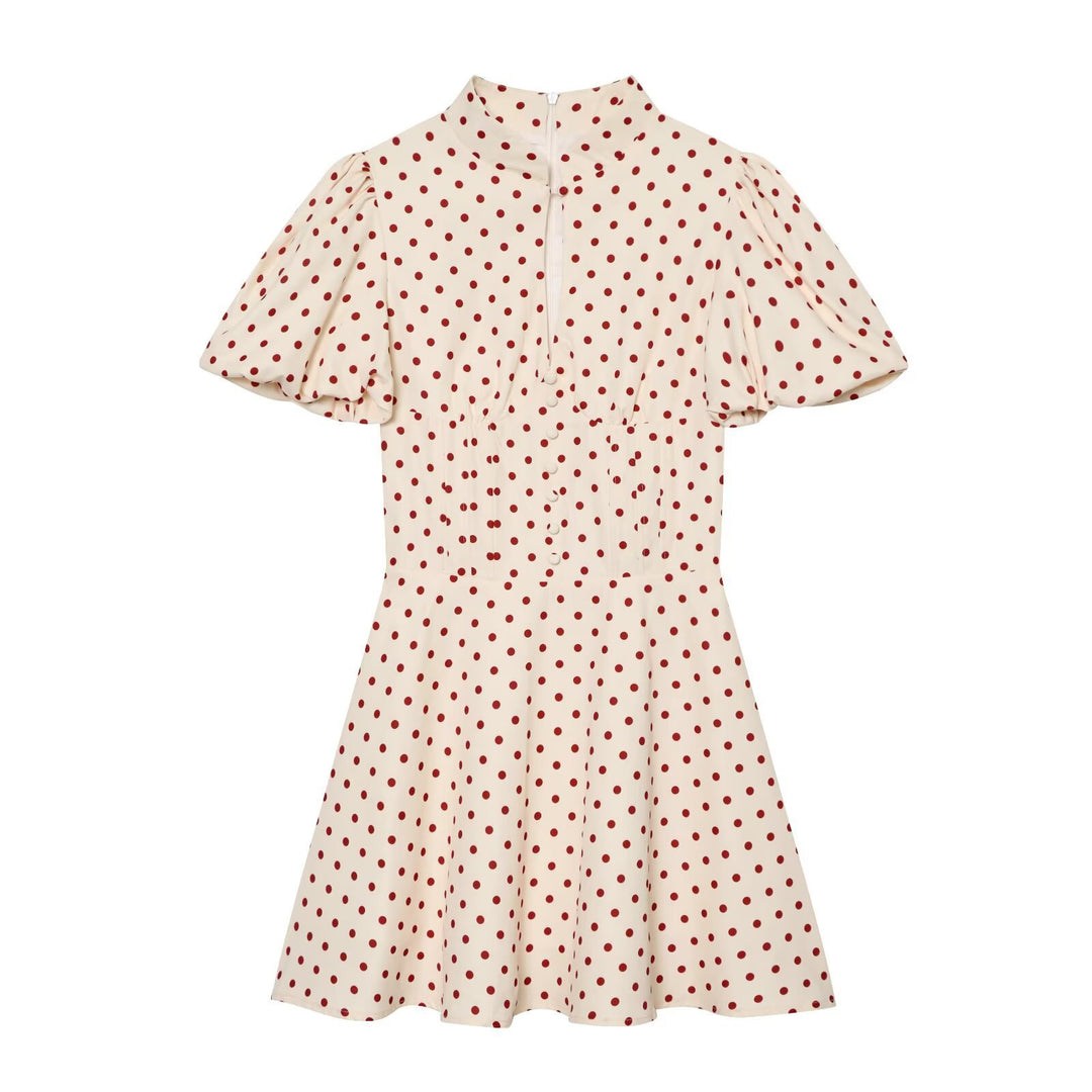 Damen Gepunktetes A‑Linien‑Kleid mit Stehkragen, Taillierung und Ballonärmeln Echo Archiv