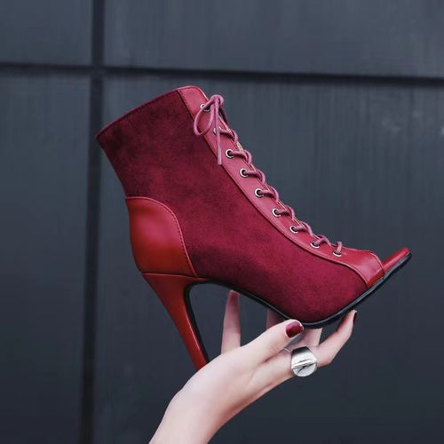 Damen Offene-Zehen Schnürstiefelette mit Wildleder-Optik und Stiletto-Absatz – Lioré