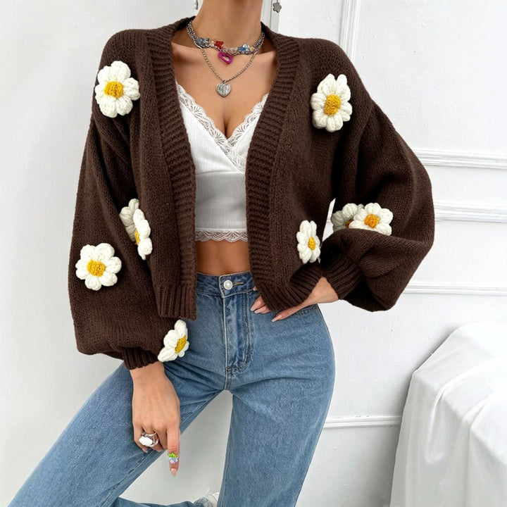 Damen Kurzgeschnittener Grobstrick-Cardigan mit 3D-Blütenapplikationen – Veloura