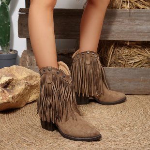Damen Western‑Fransenstiefeletten aus Veloursoptik mit mittelhohem Blockabsatz und Nietenbesatz Echoarchiv