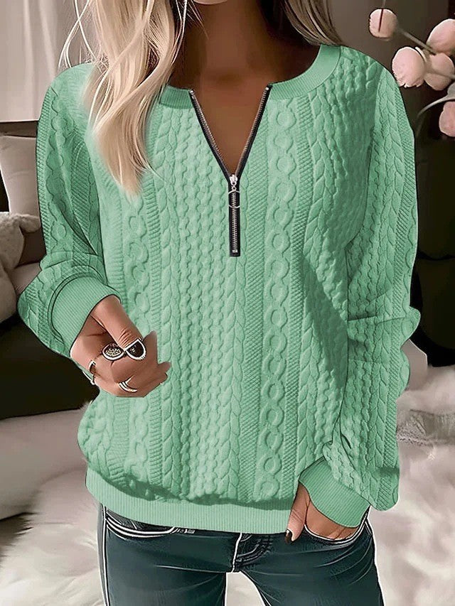 Damen Strukturierte Zopfmuster Sweatshirt mit Halbreißverschluss und Rippbündchen Echoarchiv