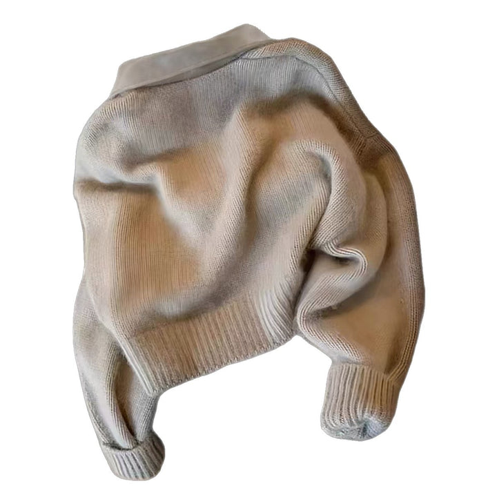 Damen kurz geschnittener Strickblouson mit Kunstlederkragen und goldfarbenem Metallreißverschluss – Célinea