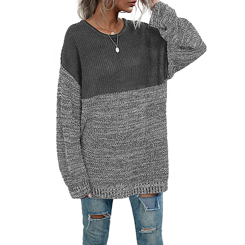Damen Oversize-Strickpullover im Melange-Blockdesign mit Rundhalsausschnitt & verlängertem Saum Echoarchiv