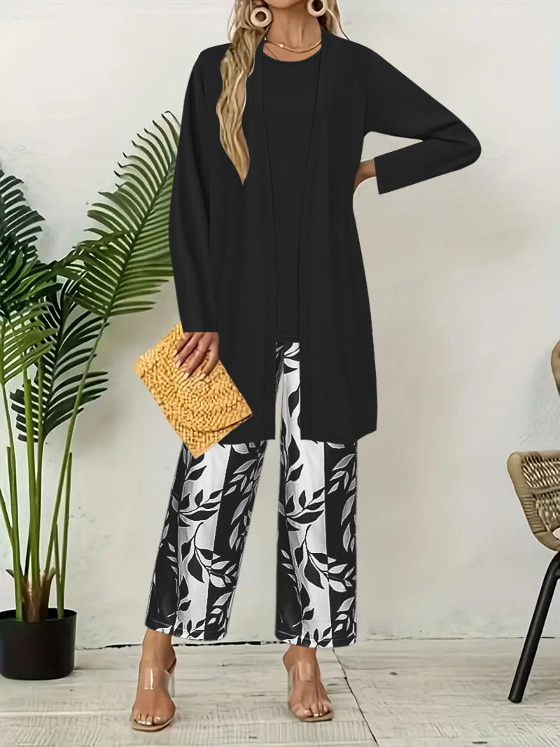 Damen Zweiteiler Offener Longcardigan mit Langarm und Palazzo‑Hose mit Blattprint – Élanora