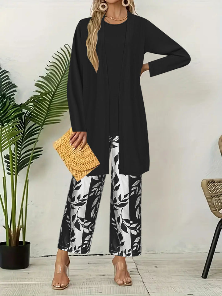 Damen Lang geschnittener offener Feinstrick-Cardigan mit geradem Saum und Palazzo-Hose im Blattprint Set – Élanora