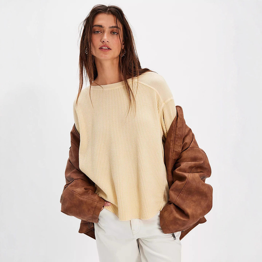 Damen Oversized Waffelstrick-Pullover mit weitem Schnitt und tiefem Raglan – Mavelle