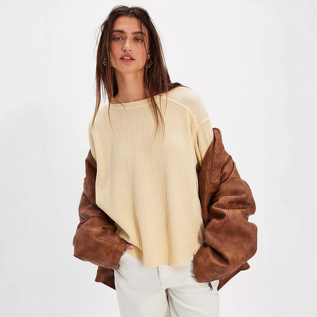 Damen Oversized Waffelstrick-Pullover mit weitem Schnitt und tiefem Raglan – Mavelle
