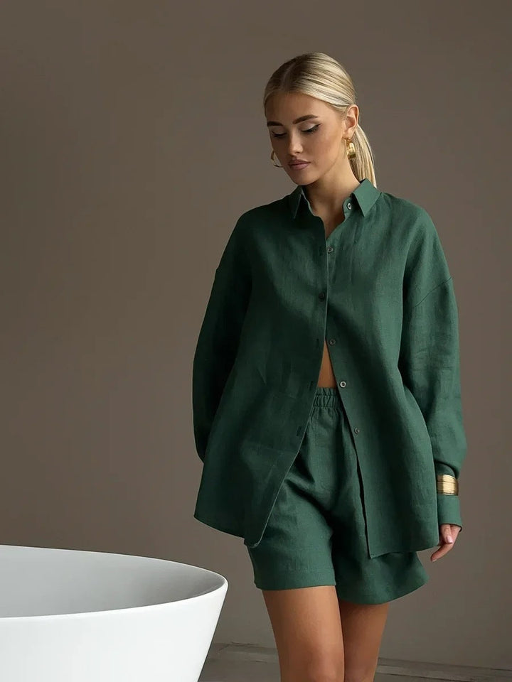 Damen lässige Leinenbluse und Shorts Set Echoarchiv