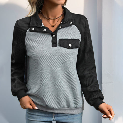 Damen Steppstruktur-Sweatshirt mit Raglanärmeln, Druckknopf-Leiste und Brustpatte Echoarchiv