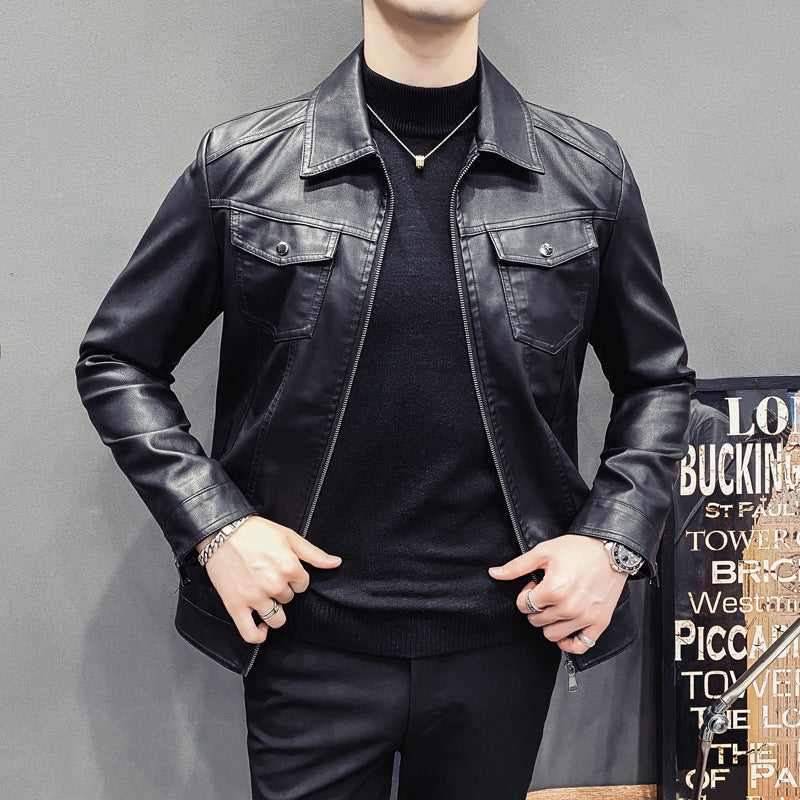 Herren Slim-Fit Kunstleder-Truckerjacke mit Hemdkragen und Brustpattentaschen Echo Archiv