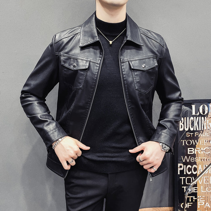 Herren Slim-Fit Kunstleder-Truckerjacke mit Hemdkragen und Brustpattentaschen Echo Archiv
