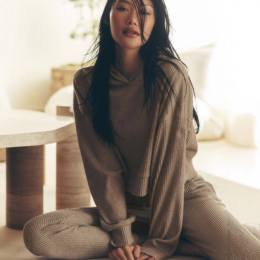 Damen Gerippte High‑Waist Loungehose mit Kordelzug und Bündchen – Avélisse