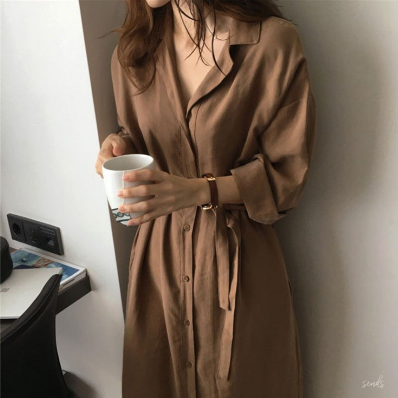 Damen Hemdblusenkleid mit Bindegürtel und lässigen Dreiviertelärmeln – Lunéa