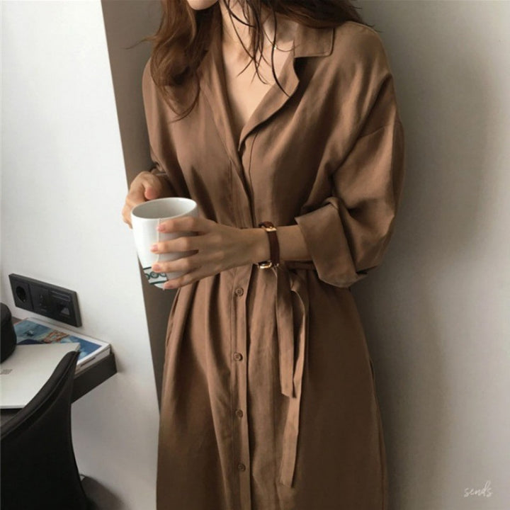 Damen Hemdblusenkleid mit Bindegürtel und lässigen Dreiviertelärmeln – Lunéa