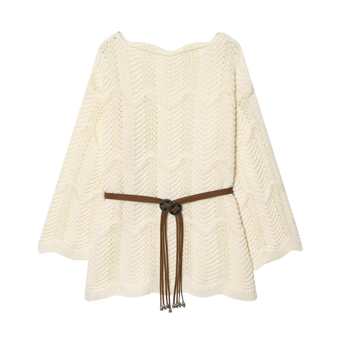 Damen Gestricktes Poncho-Cape mit Ajourmuster und Lederquasten-Gürtel Echo Archiv