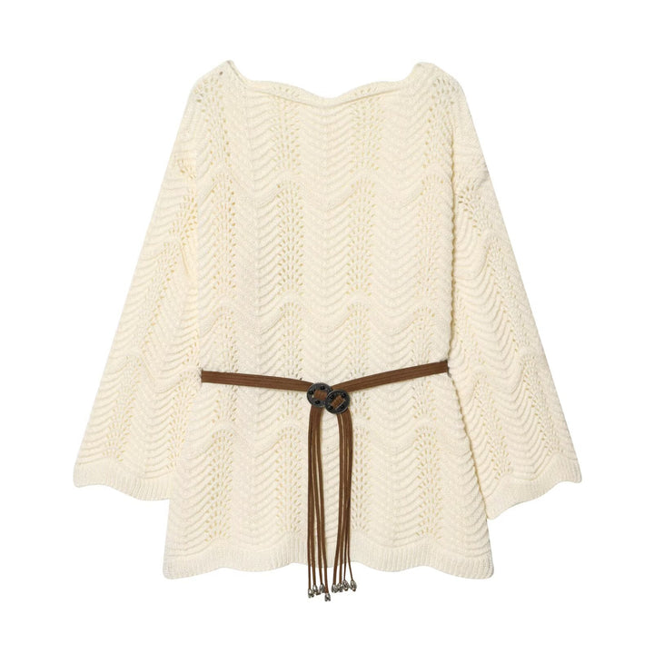 Damen Gestricktes Poncho-Cape mit Ajourmuster und Lederquasten-Gürtel Echo Archiv