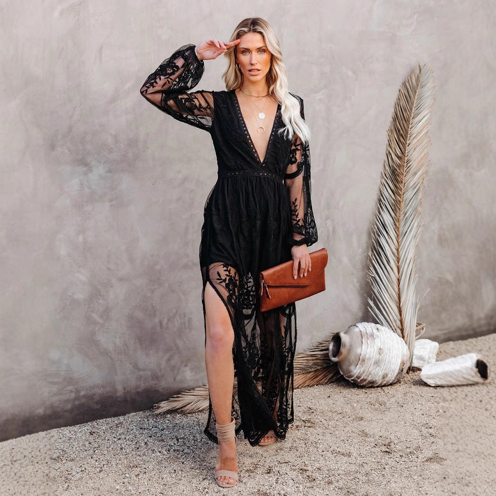 Damen Elegantes Spitzen-Maxikleid mit tiefem V-Ausschnitt und langen Ärmeln Echo Archiv