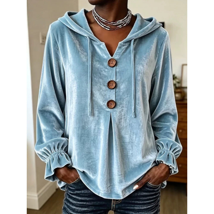 Damen Samt-Hoodie mit Holzknopfblende, Tunnelzug und gerafften Ärmeln – Auréline