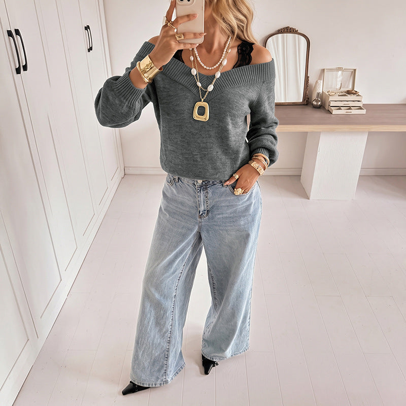 Damen Off-Shoulder Feinstrickpullover mit V-Rippkragen und Ballonärmeln – Mavelle