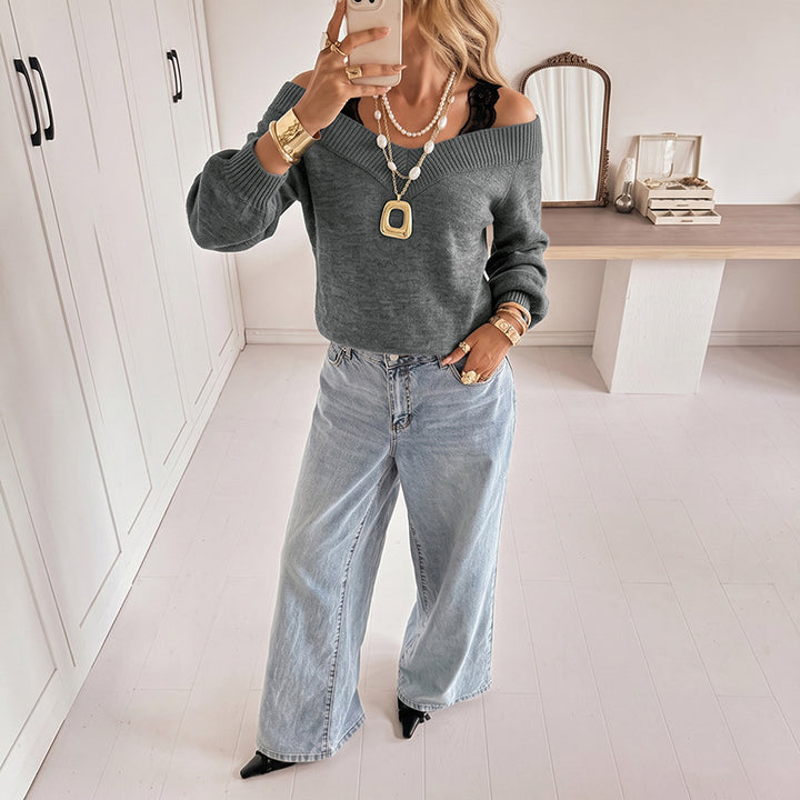 Damen Off-Shoulder Feinstrickpullover mit V-Rippkragen und Ballonärmeln – Mavelle