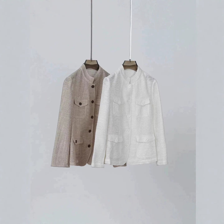 Damen Leichte Häkeloptik-Übergangsjacke mit Rundkragen und Pattentaschen Echo Archiv