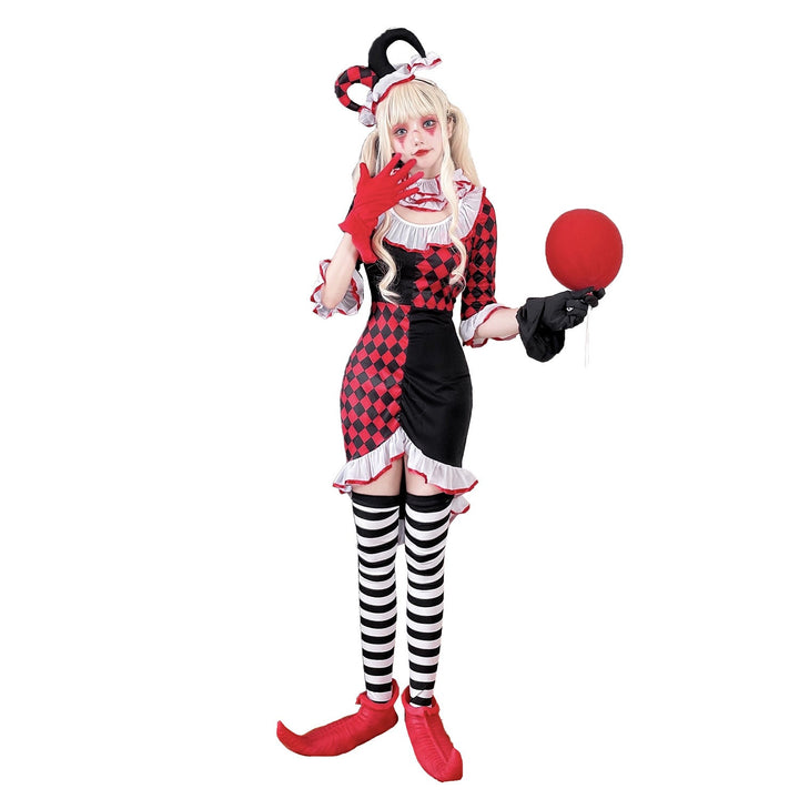 Mädchen Clownkostüm mit verspielt gestreiftem Strumpf und Hut Echo Archiv