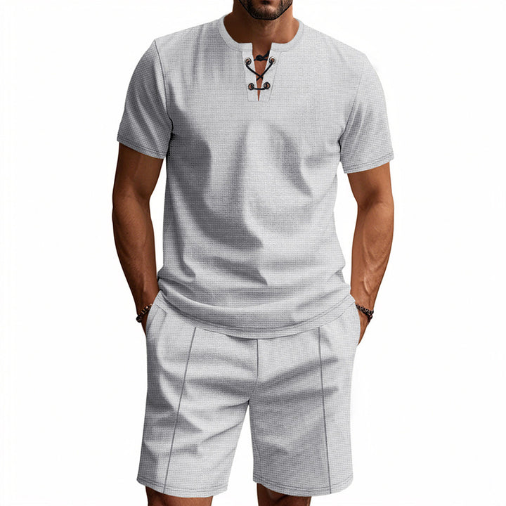 Herren Kurzarm-Henley-Set mit modischem Schnürdesign und atmungsaktivem Material Echoarchiv