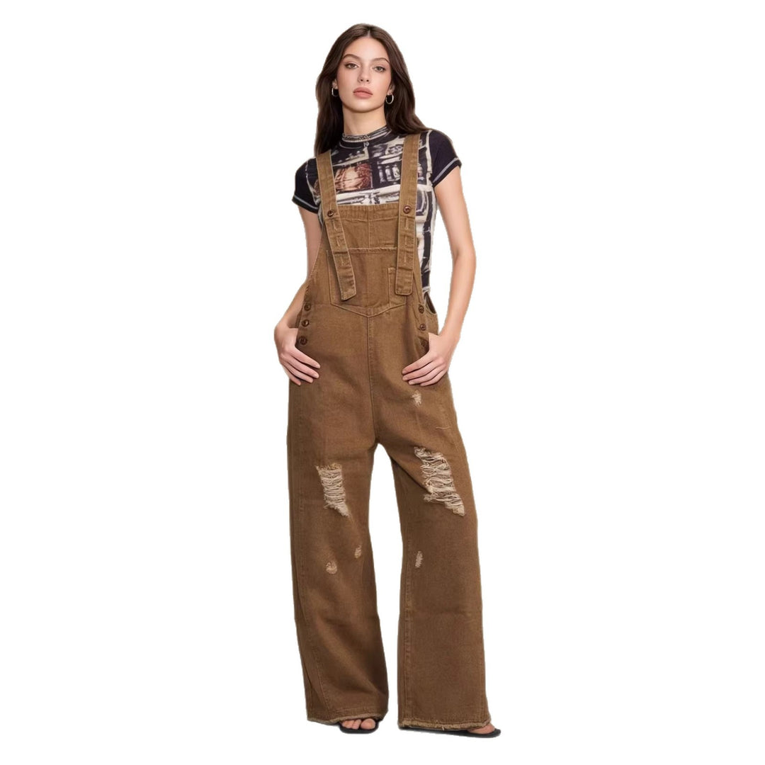 Damen nan moderne Baggy-Latzhose aus pigmentgefärbtem Stretch-Denim mit verstellbaren Trägern und sichtbaren Rissen Echo Archiv