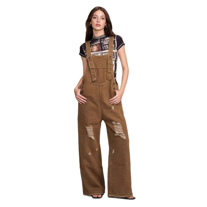 Damen nan moderne Baggy-Latzhose aus pigmentgefärbtem Stretch-Denim mit verstellbaren Trägern und sichtbaren Rissen Echo Archiv