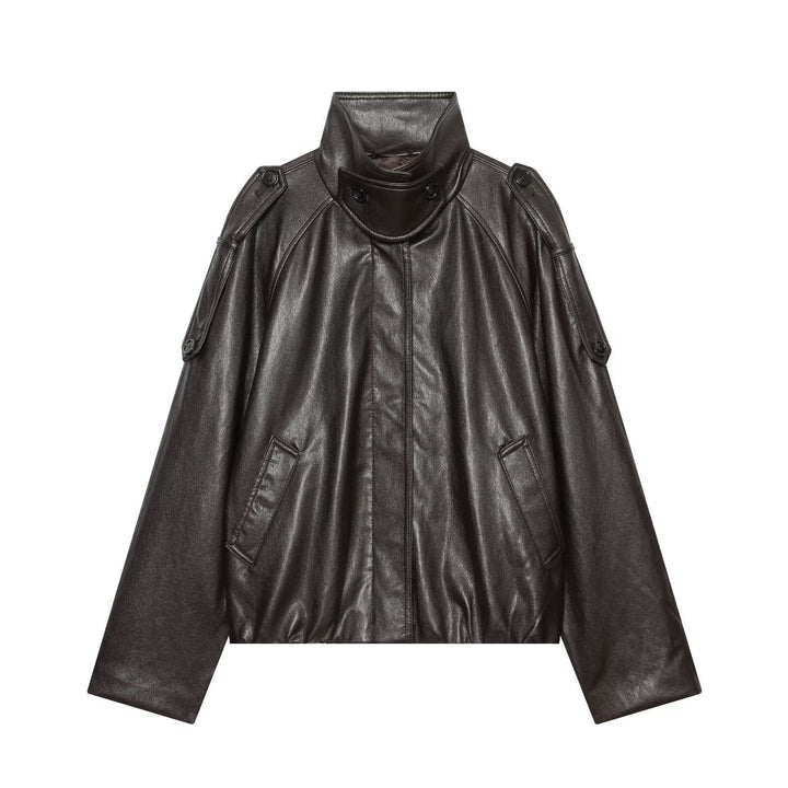Damen Oversized Cropped Lederoptik‑Jacke mit hohem Stehkragen und Epauletten Echo Archiv