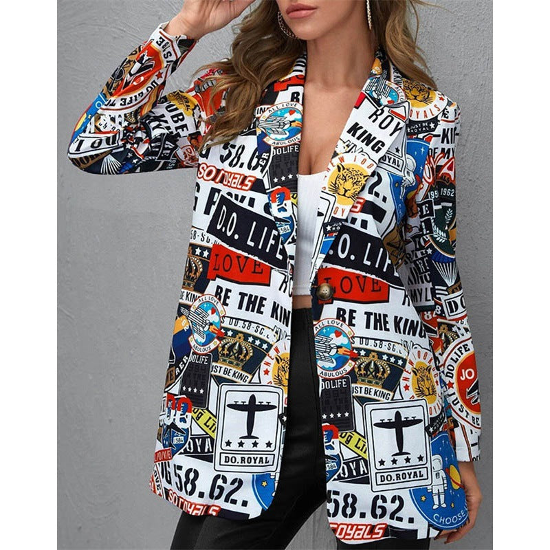 Damen Bedruckter Longblazer mit grafischem Street‑Art‑Muster und tailliertem Schnitt Echo Archiv