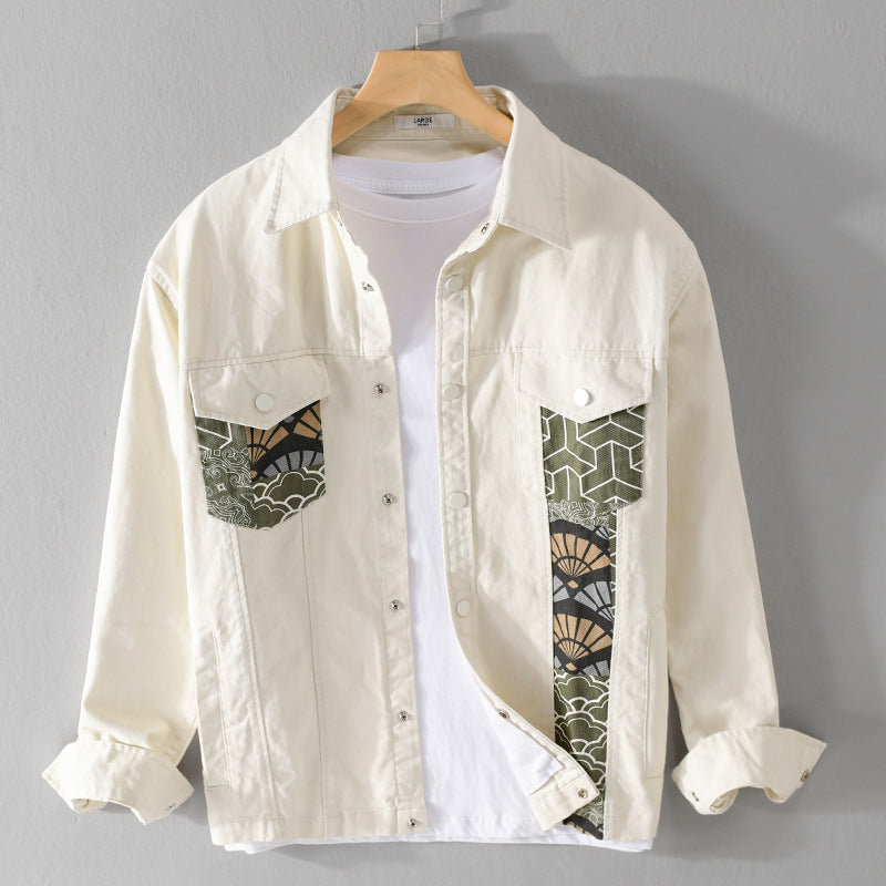 Herren Leichtes Canvas-Overshirt im Worker‑Stil mit japanischem Musterpatch und Druckknopfleiste Echoarchiv