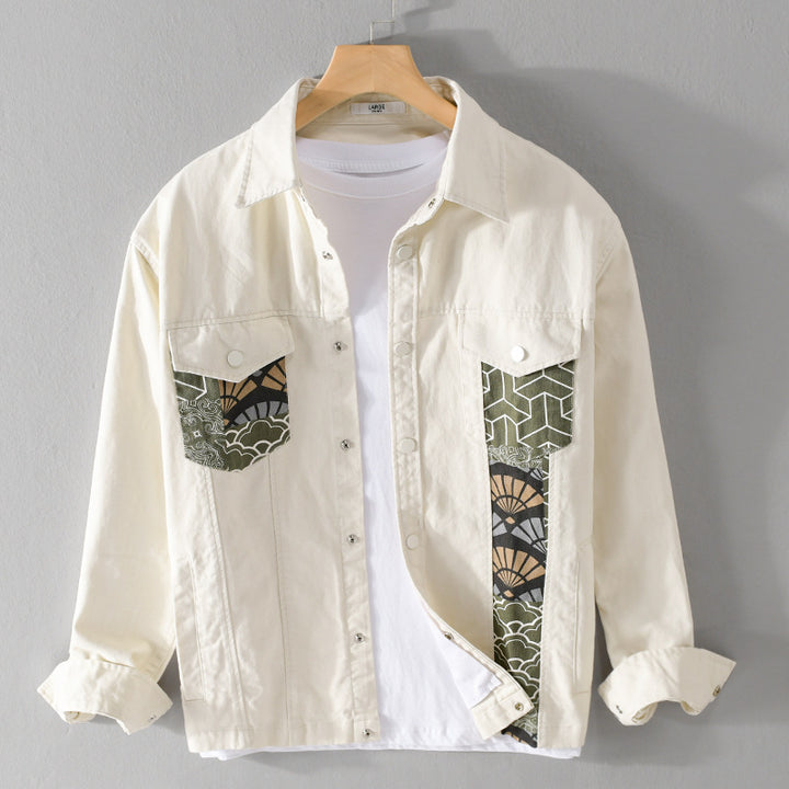 Herren Leichtes Canvas-Overshirt im Worker‑Stil mit japanischem Musterpatch und Druckknopfleiste Echoarchiv