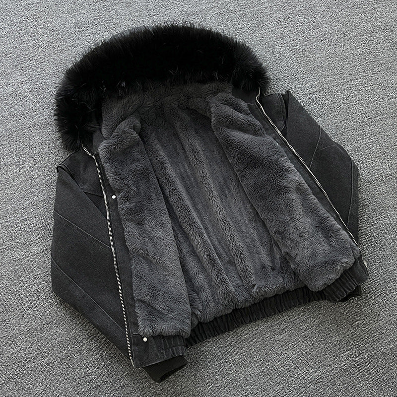 Unisex Wattierte Bomberjacke mit großer Kapuze und Kunstfellbesatz Echoarchiv