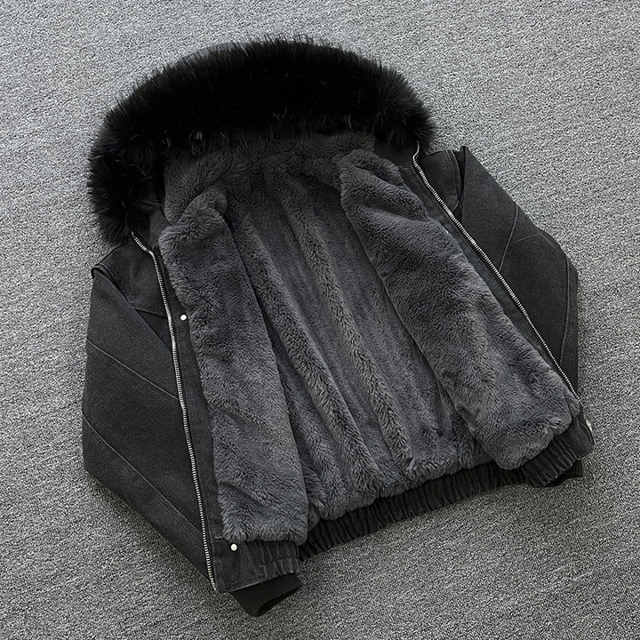 Unisex Wattierte Bomberjacke mit großer Kapuze und Kunstfellbesatz Echoarchiv