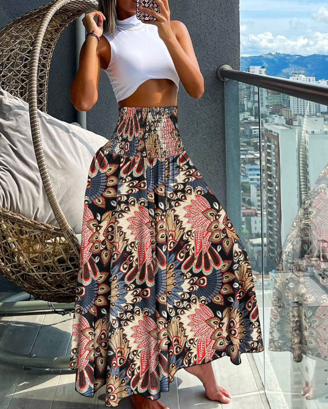 Damen Maxirock mit hohem Smockbund und weitem Boho-Print – Rosévia