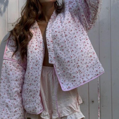 Damen Gepolsterte Kurz-Steppjacke mit floralem Micro-Print, Kontrastpaspel & Boxy-Silhouette Echoarchiv