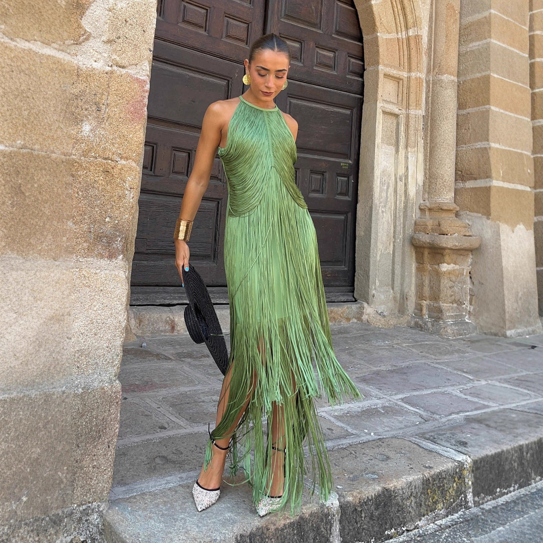 Damen Fransen Maxikleid mit elegantem Schnitt und fließendem Design Echoarchiv
