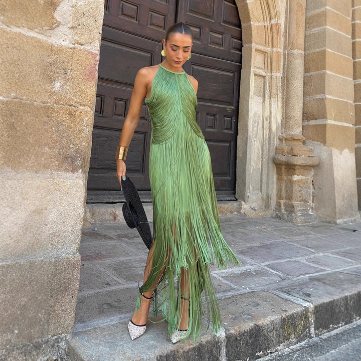 Damen Fransen Maxikleid mit elegantem Schnitt und fließendem Design Echoarchiv