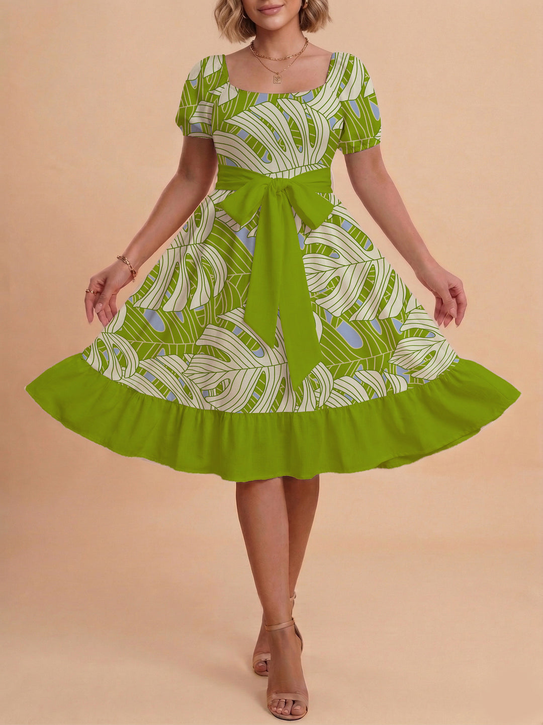 Damen A-Linien-Kleid mit floralen Motiven und taillierbarem Gürtel Echo Archiv