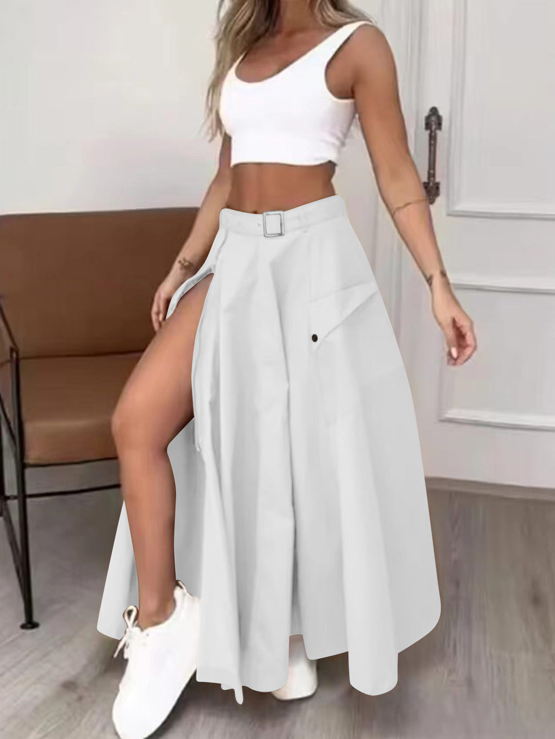 Damen Maxirock mit hohem Beinschlitz, Cargo-Taschen und Taillengürtel – Rosévia