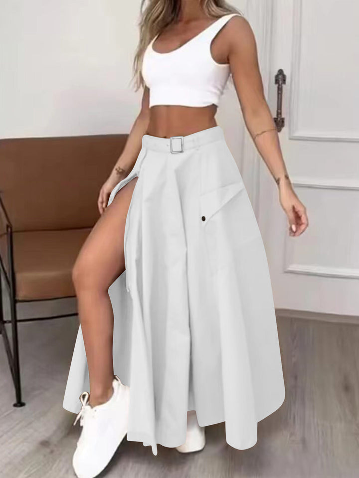 Damen Maxirock mit hohem Beinschlitz, Cargo-Taschen und Taillengürtel – Rosévia