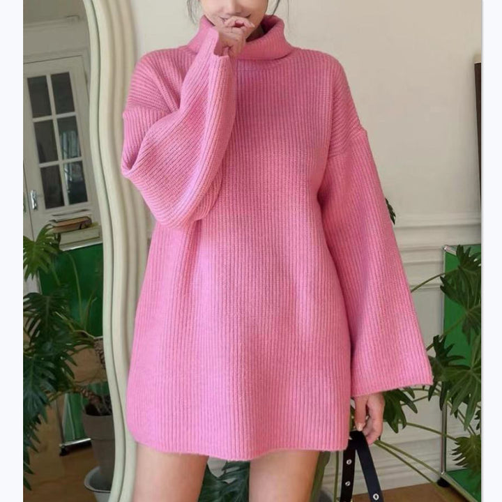 Damen Oversized geripptes Rollkragen‑Strickkleid mit Glockenärmeln – Mavelle