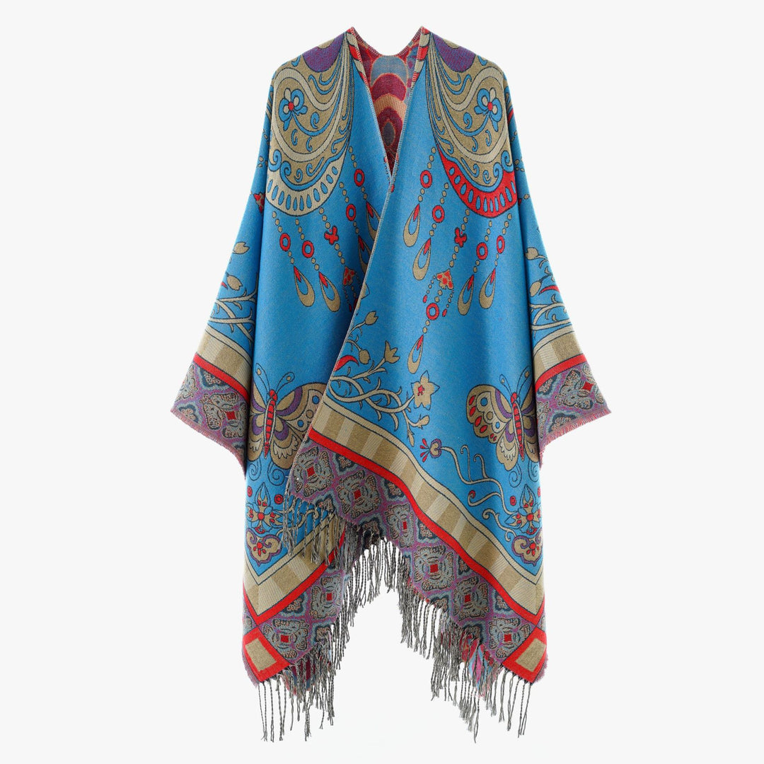 Damen Gewebter Kimono-Poncho mit Ornamentjacquard, V-Ausschnitt und Fransensaum – Avérine