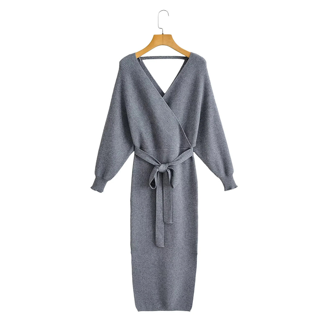 Damen nan gestricktes Wickelkleid mit Bindegürtel und V-Ausschnitt Echo Archiv