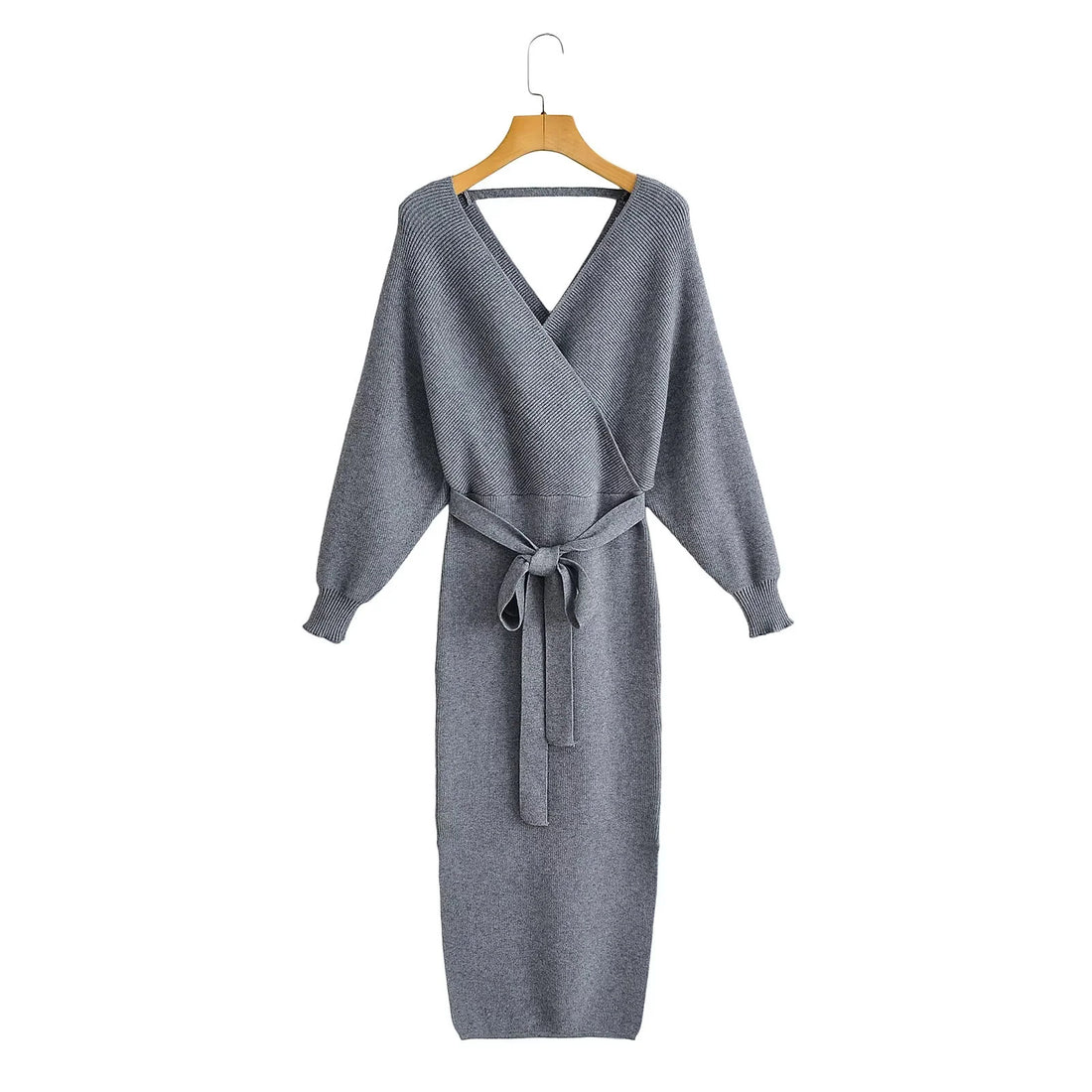 Damen gestricktes Wickelkleid mit Bindegürtel und V-Ausschnitt – Élara